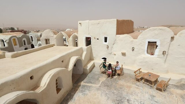 KSAR HEDADA, TUNISIA - MARCH 03, 2024: Tourists relaxing in sunlit courtyard at racy hotel in Tunisian village of Ksar Hedada, surrounded by ancient Berber earthen ghorfas adopted for guest rooms