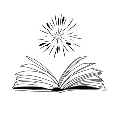 Vector hand drawn open magic book with stars outline doodle icon