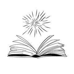 Vector hand drawn open magic book with stars outline doodle icon