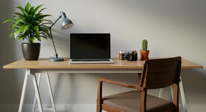 Desk setup with laptop plant lamp camera and chair in neutral room