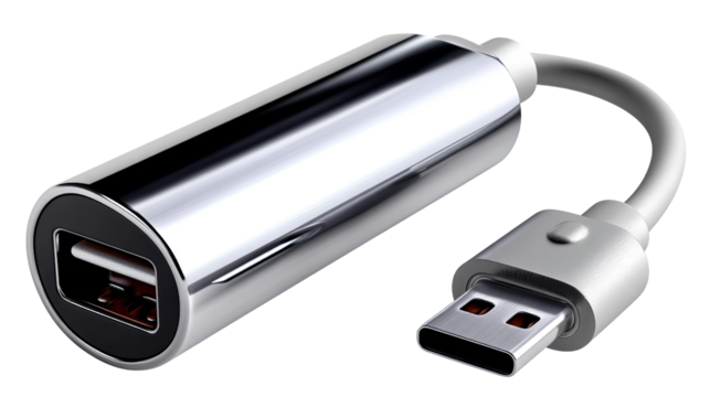 USB Adapter: A sleek, metallic USB adapter stands out, a symbol of connectivity, designed for data transfer and power delivery, showcasing modern technological advancement.