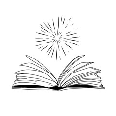 Vector hand drawn open magic book with stars outline doodle icon