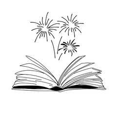 Vector hand drawn open magic book with stars outline doodle icon