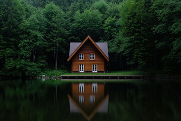 Obraz premium Beautiful lakeside cabin nestled in a lush forest with serene mountain views and calm reflective waters. Perfect for nature lovers and tranquil getaways.