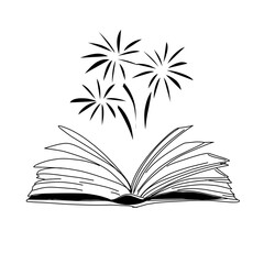 Vector hand drawn open magic book with stars outline doodle icon