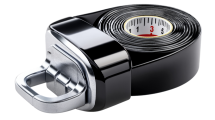 Measurement Tape close-up: A sleek, modern measurement tape roll, its metallic finish gleaming under the light, revealing the precision of its markings and the craftsmanship of its design.