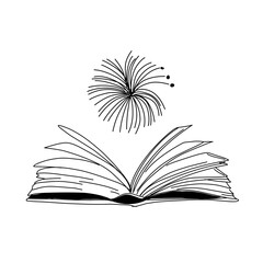 Vector hand drawn open magic book with stars outline doodle icon