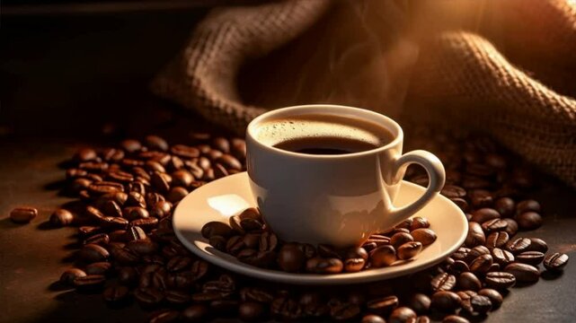 A cozy cup of coffee resting on a plate, surrounded by aromatic coffee beans, perfect for relaxation and warmth.