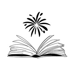 Vector hand drawn open magic book with stars outline doodle icon