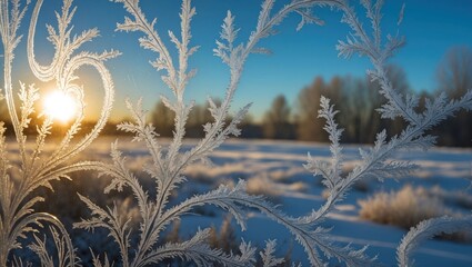 Frost Patterns on Window with Winter Landscape and Sunrise Glow