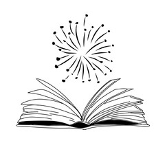 Vector hand drawn open magic book with stars outline doodle icon