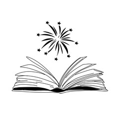 Vector hand drawn open magic book with stars outline doodle icon