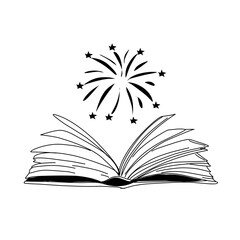 Vector hand drawn open magic book with stars outline doodle icon