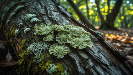 Fungi and Lichen Growing on Log in Forest With Sunlight