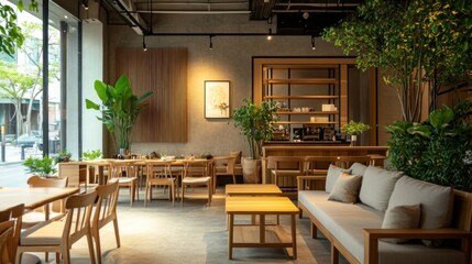Obraz premium Cozy caf? interior with plants and wooden furniture
