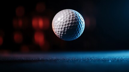 Golf ball suspended in dramatic lighting.