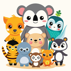 A collection of cute cartoon animal families, including koalas, giraffes, monkeys, penguins, elephants, and whales.