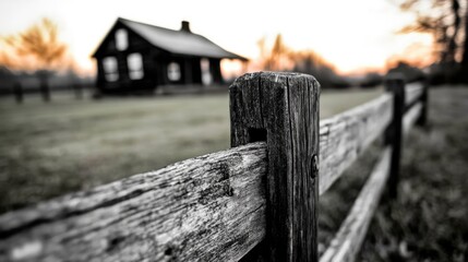 194. A black and white shot of a rustic farmhouse with a wooden fence.
