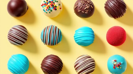 Colorful chocolate truffles arranged in a neat grid on a bright yellow background, showcasing various designs and toppings.