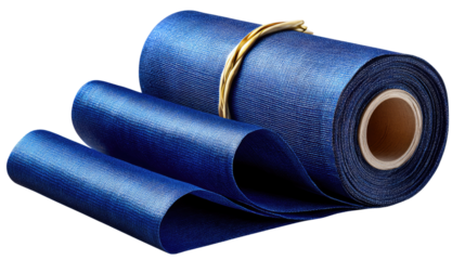 Blue Fabric Roll: A close-up shot showcases a vibrant blue fabric roll, tightly wound with a gold cord, ready for various industrial and commercial applications.