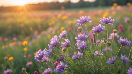 Obraz premium Blooming Wildflower Meadow at Sunset with Purple Flowers in Focus
