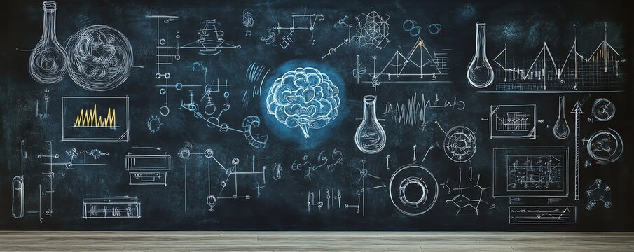Dark blackboard with intricate handdrawn illustrations of science and AI concepts, educational symbols in white chalk, representing generative technology