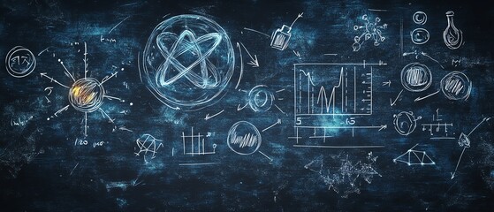 Dark chalkboard with handdrawn detailed science concepts and generative AI technology symbols, creative educational style with white chalk lines