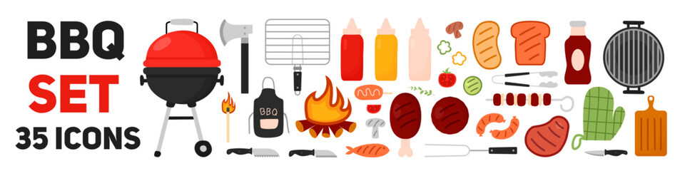 Cartoon BBQ set. Grilled meat. Vector