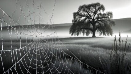 Cobweb with Dewdrops in Foggy Field at Dawn in Black and White