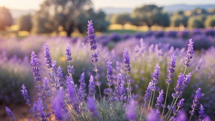 Fototapeta premium Lavender Flowers Blooming in Field at Golden Hour in Provence