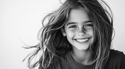 Fototapeta premium A black and white portrait of a laughing child with wind in their hair.