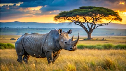 Obraz premium A majestic rhinoceros stands serene in a golden savanna grassland, bathed in the warm glow of a vibrant sunset, silhouetted against a dramatic sky and a large acacia tree.