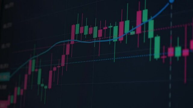 Stock prices on the monitor screen close-up, study the candlestick chart in different periods of time