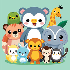 A collection of cute cartoon animal families, including koalas, giraffes, monkeys, penguins, elephants, and whales.