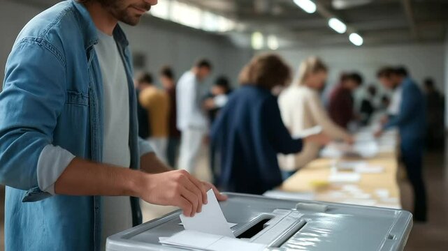 Voter dropping a ballot in a busy polling station