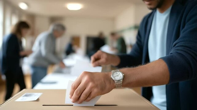 Voter dropping ballot in polling station with shining stickers