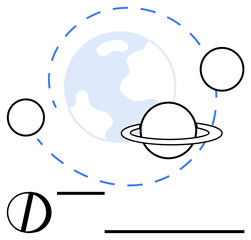 Earth surrounded by a ringed Saturn, abstract planetary orbits, and geometric shapes. Ideal for astronomy, science, exploration, innovation, learning imagination and futuristic concepts. Flat