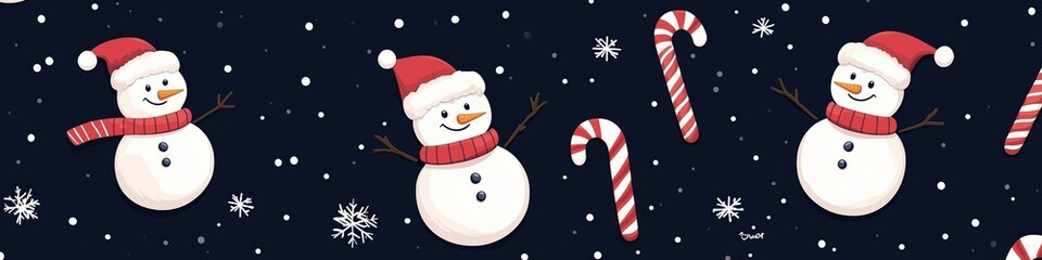 cartoon christmas pattern snowman candy cane seamless vector dark background decorations wrapping paper flat illustration