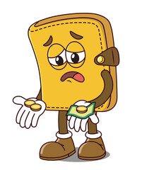 cartoon character leather wallet sad. business or economy broke, failed, bankrupt, crisis