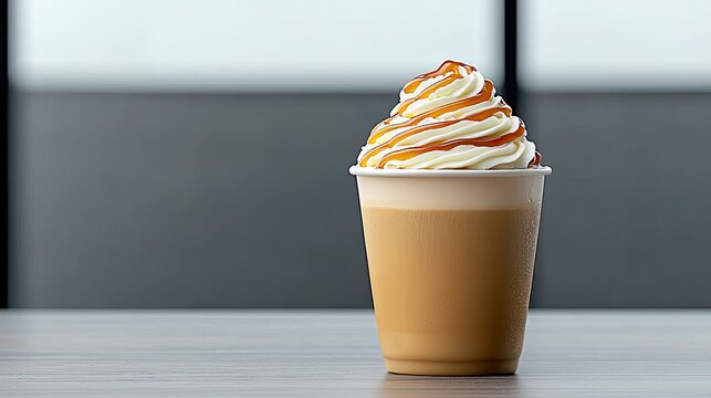 Caramel whipped cream latte in disposable cup
