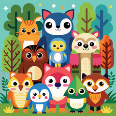 A colorful collection of cartoon woodland creatures and a penguin are arranged in two rows.