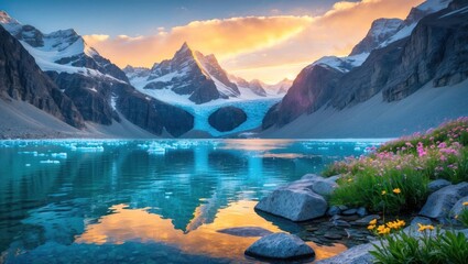 Fototapeta premium Scenic Mountain Landscape with Glacial Lake and Colorful Sky Reflections