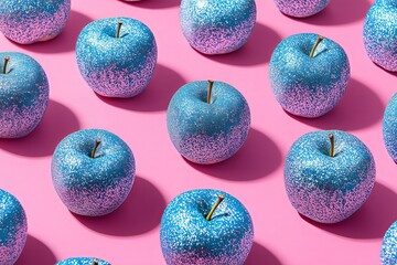 Pattern of glitter blue apples on pink background. 