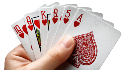 Royal Flush Hand: A winning hand in poker, a royal flush, is held in a person's hand, showing the ace, king, queen, jack and ten of hearts.