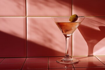 A martini glass with an olive, on the pink tile wall.