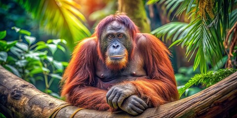 Obraz premium A majestic Bornean orangutan rests on a tree branch, its vibrant reddish-brown fur contrasting with the lush green tropical foliage.