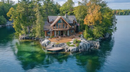 Obraz premium Luxurious island home on tranquil lake. Wooden structure nestled amidst rocky shoreline. Boating dock visible. Surrounded by lush forest. Serene water reflections