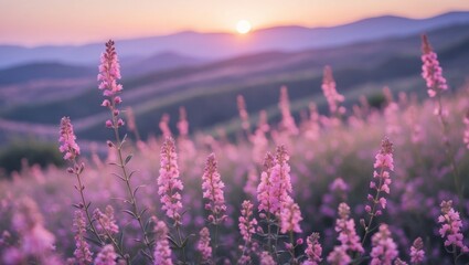 Obraz premium Pink Flowers Bloom in Meadow at Sunset with Distant Hills