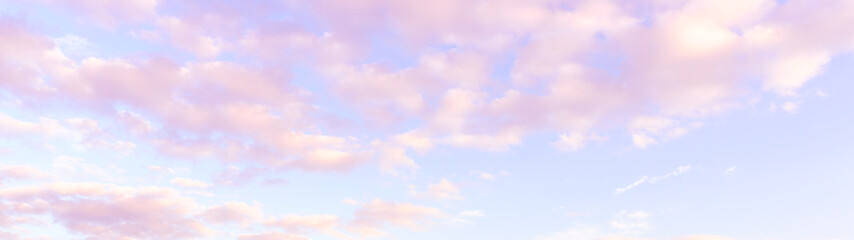 Sunset fantasy sky with pink pastel clouds background in happy evening day. Dreamy banner background and texture in decorative art work.