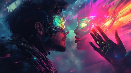 Obraz premium A cyber-god in glitching holographic armor, whispering to a medieval alchemist with a neon aura.